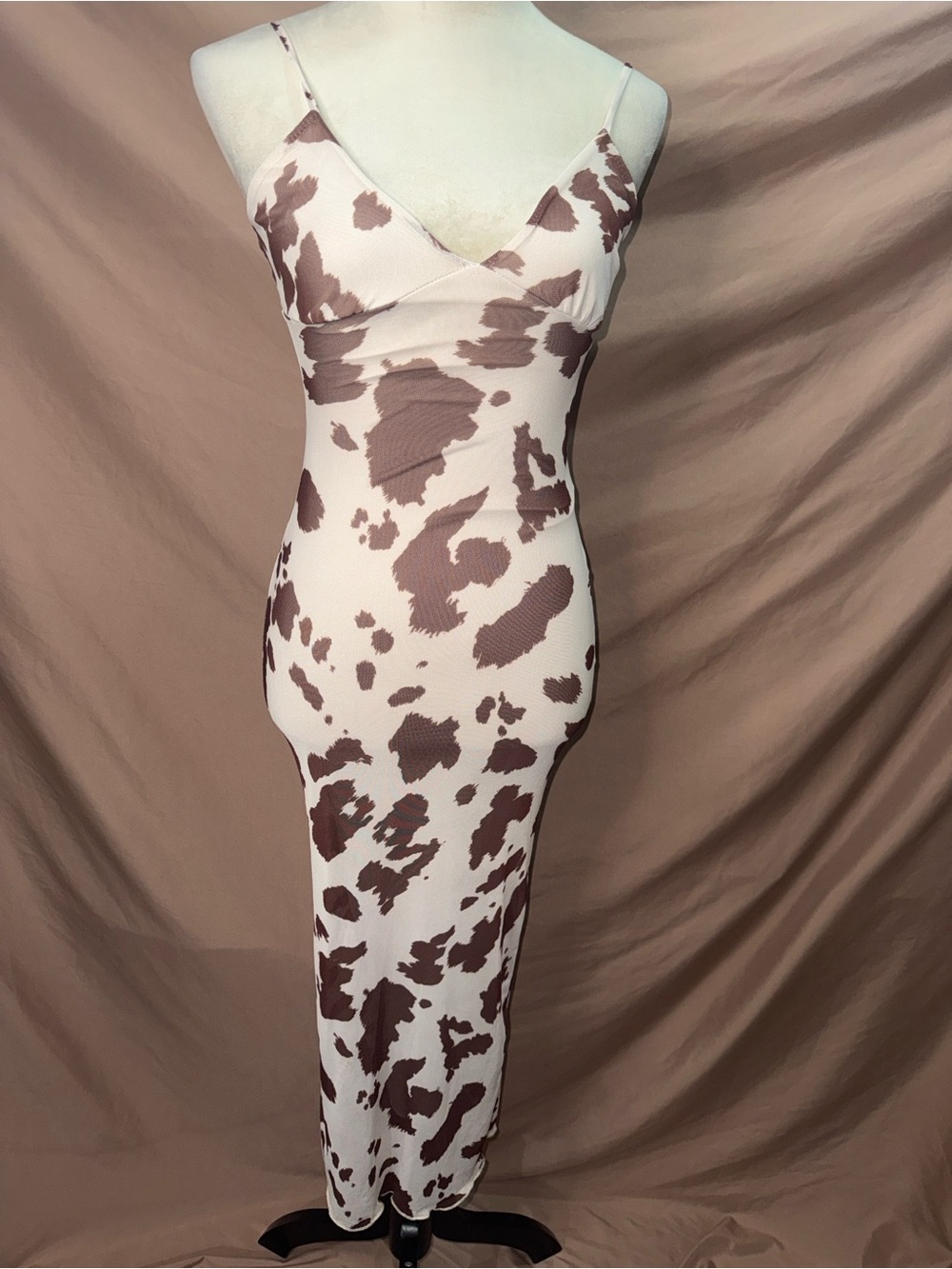 NWT See You Monday Spaghetti-Strap Maxi Dress in Cream and Brown Cowprint